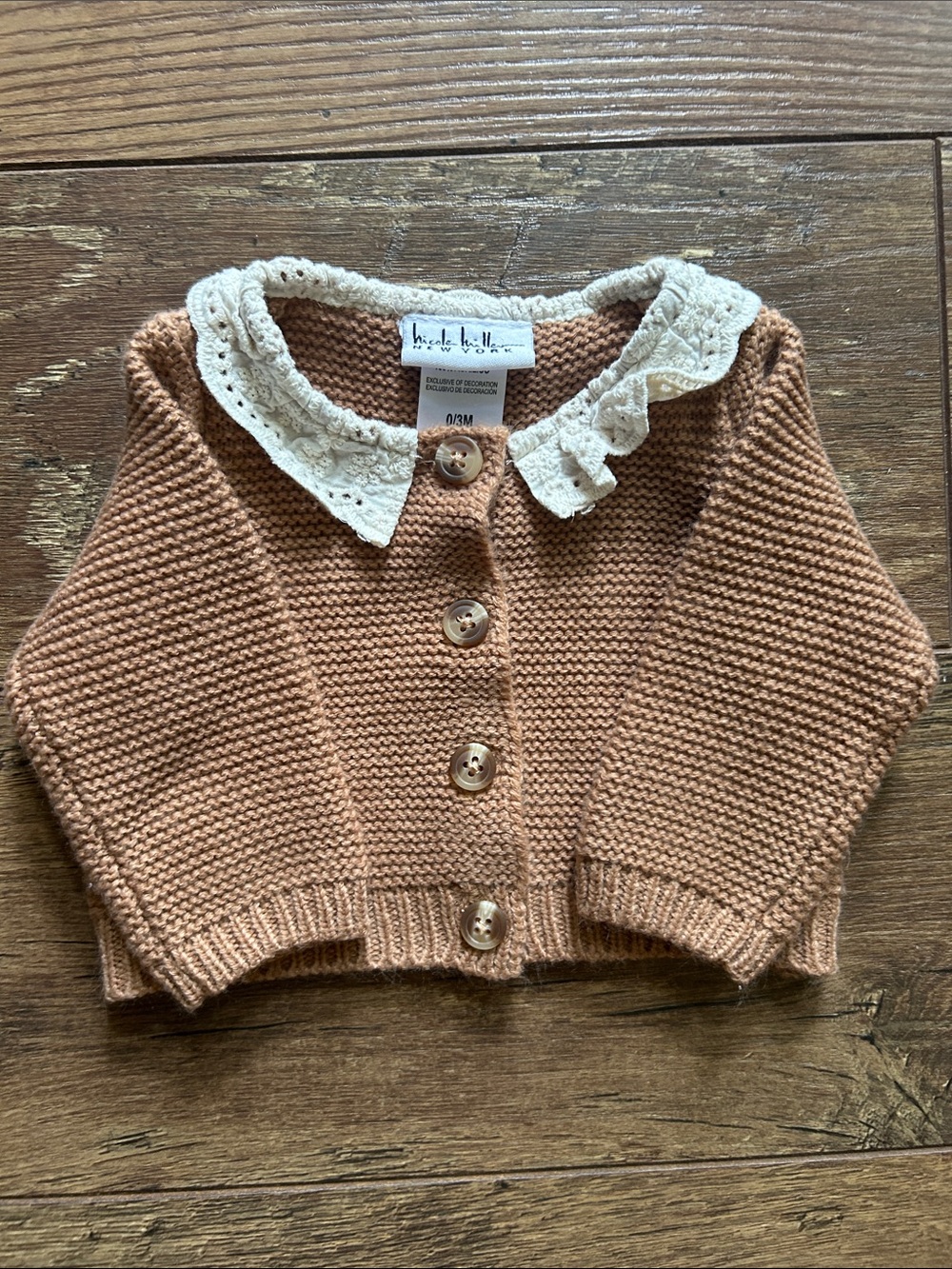 Nicole Miller Tan-Brown Knit Cardigan with Cream Lace Collar